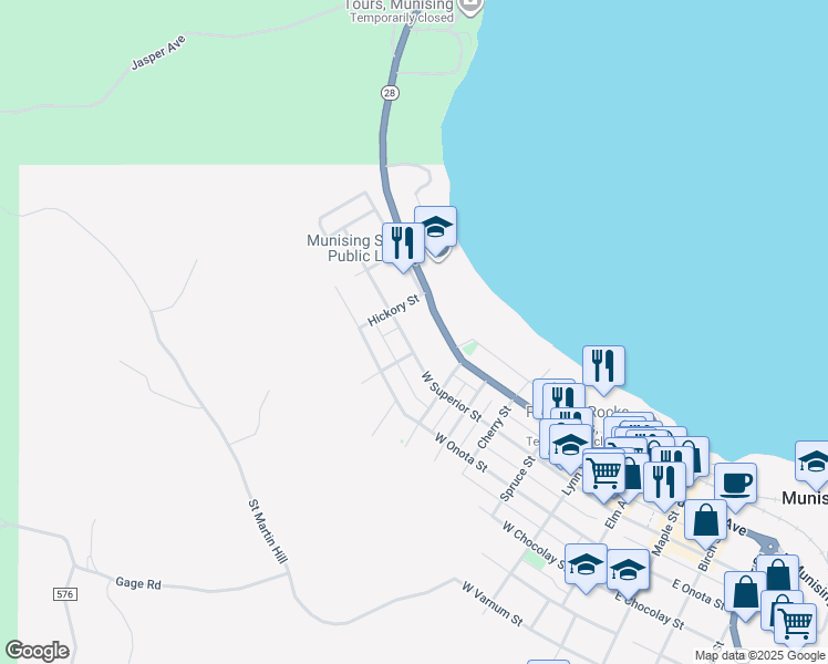 map of restaurants, bars, coffee shops, grocery stores, and more near 111-199 Hickory St in Munising