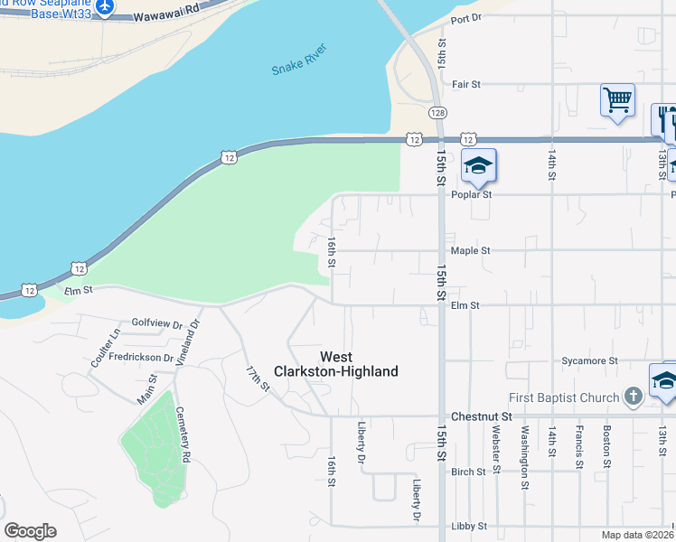 map of restaurants, bars, coffee shops, grocery stores, and more near 1541 Maple Street in Clarkston