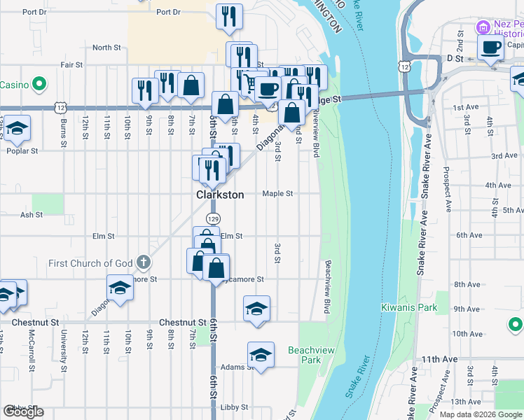 map of restaurants, bars, coffee shops, grocery stores, and more near 305 Maple Street in Clarkston