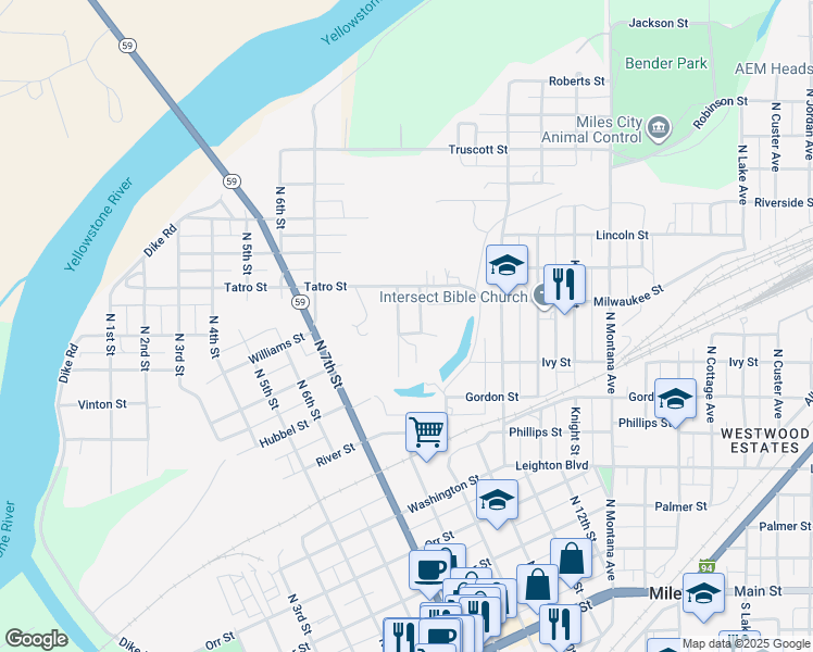 map of restaurants, bars, coffee shops, grocery stores, and more near 1101-1199 North 8th Street in Miles City