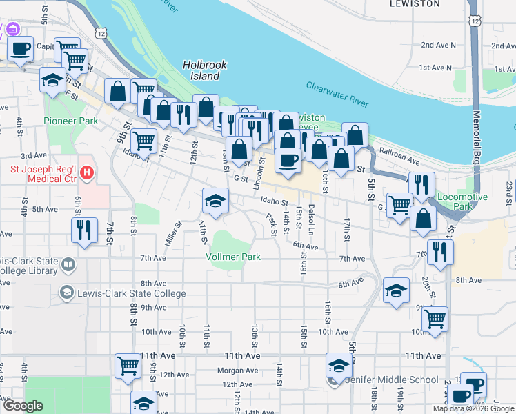 map of restaurants, bars, coffee shops, grocery stores, and more near 1408 Idaho Street in Lewiston