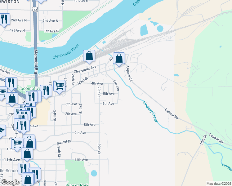 map of restaurants, bars, coffee shops, grocery stores, and more near 411 30th Street in Lewiston