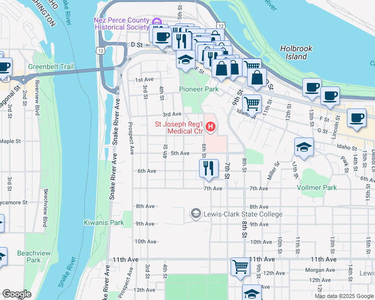 map of restaurants, bars, coffee shops, grocery stores, and more near 416 5th Street in Lewiston