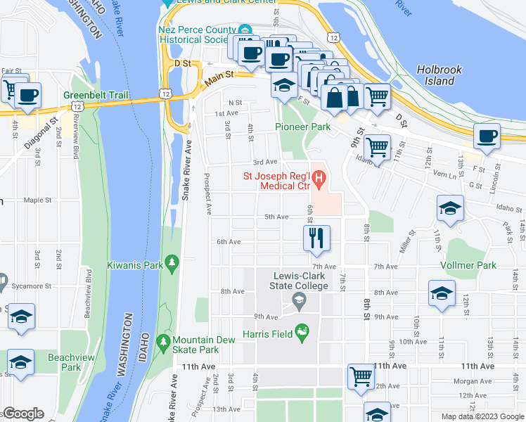 map of restaurants, bars, coffee shops, grocery stores, and more near 407 5th Avenue in Lewiston