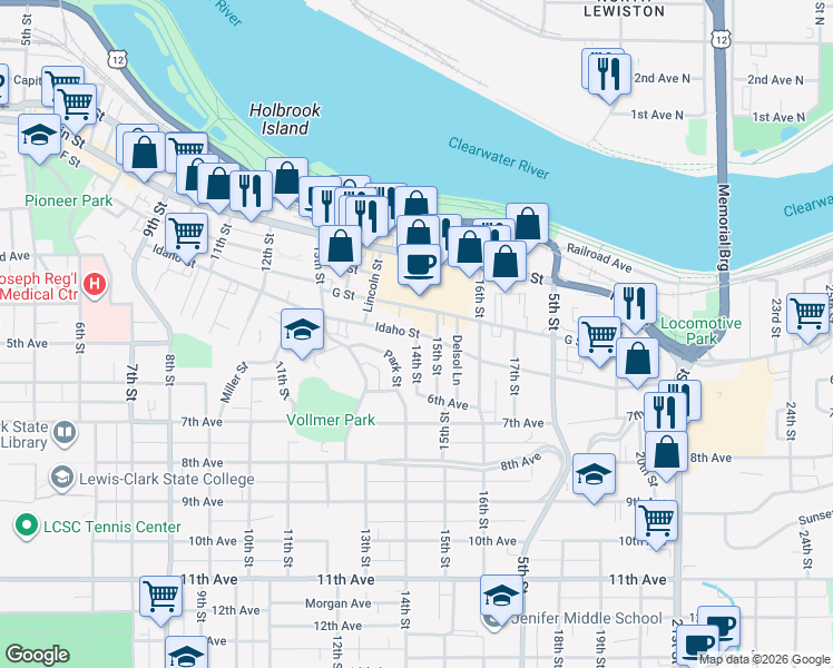 map of restaurants, bars, coffee shops, grocery stores, and more near Idaho Street in Lewiston