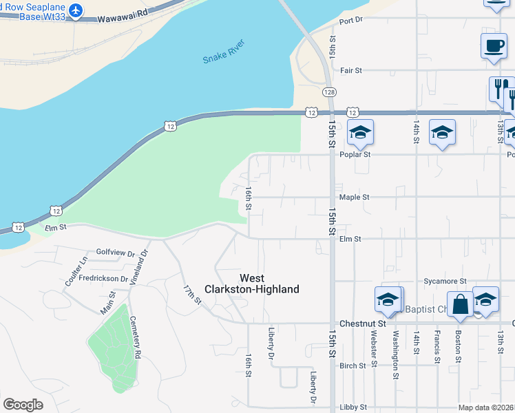map of restaurants, bars, coffee shops, grocery stores, and more near 1541 Maple Street in Clarkston