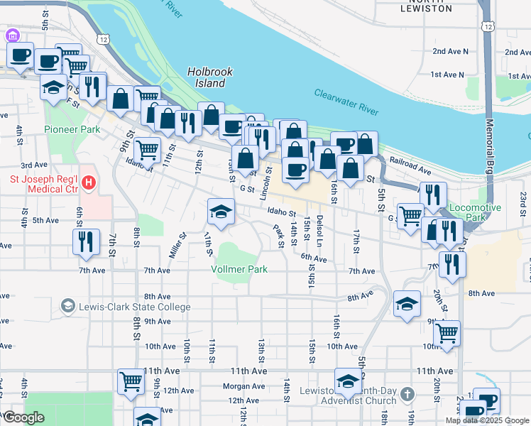 map of restaurants, bars, coffee shops, grocery stores, and more near 1408 Idaho Street in Lewiston
