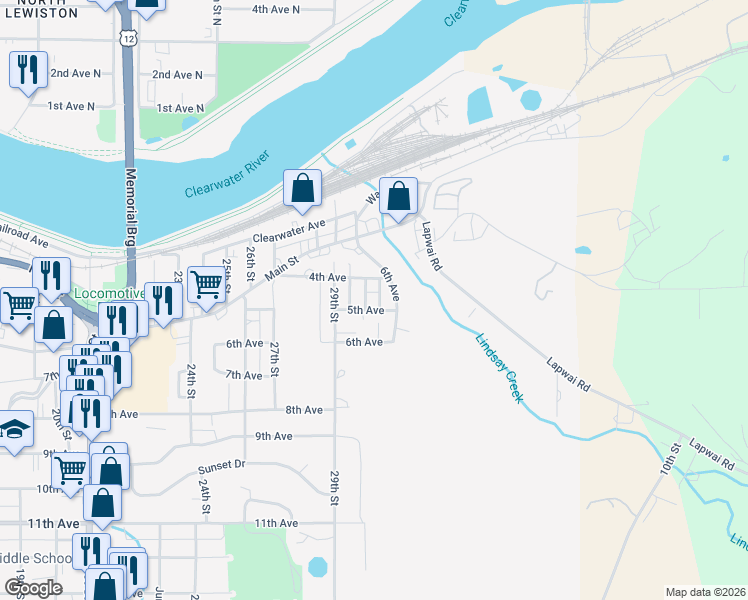 map of restaurants, bars, coffee shops, grocery stores, and more near 411 30th Street in Lewiston