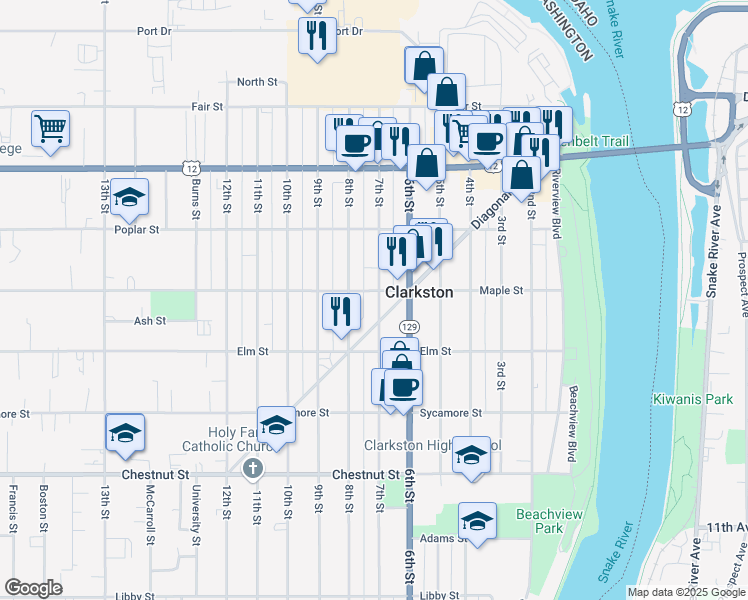 map of restaurants, bars, coffee shops, grocery stores, and more near 708 7th Street in Clarkston