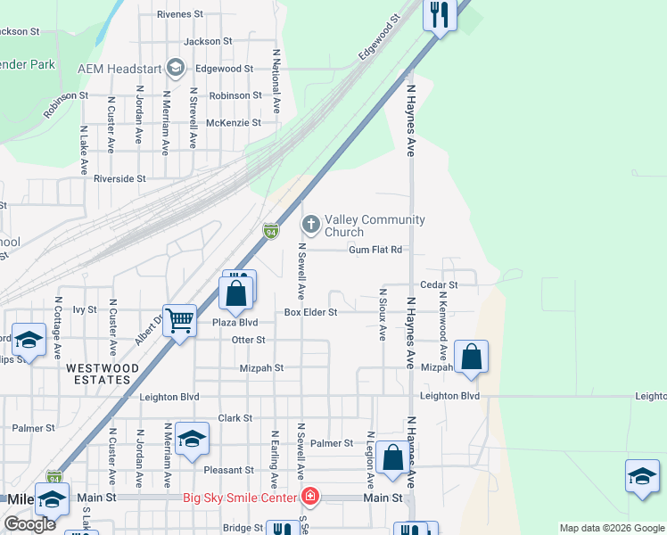 map of restaurants, bars, coffee shops, grocery stores, and more near 2606 Gum Flat Road in Miles City
