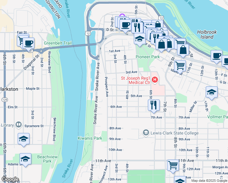 map of restaurants, bars, coffee shops, grocery stores, and more near 416 3rd Street in Lewiston