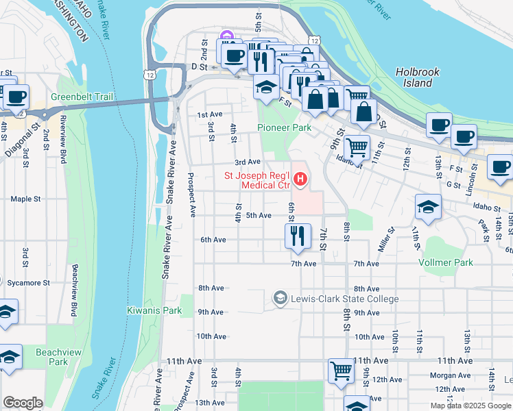 map of restaurants, bars, coffee shops, grocery stores, and more near 416 5th Street in Lewiston