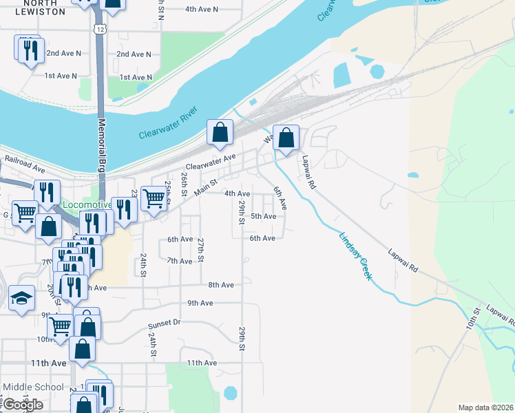 map of restaurants, bars, coffee shops, grocery stores, and more near 415 29th Street in Lewiston