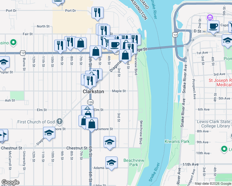 map of restaurants, bars, coffee shops, grocery stores, and more near 305 Maple Street in Clarkston