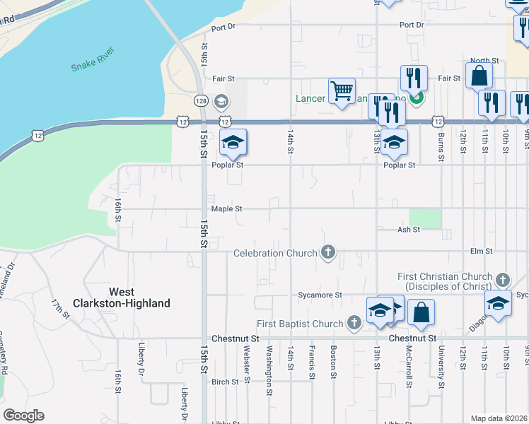 map of restaurants, bars, coffee shops, grocery stores, and more near 1445 Maple Street in Clarkston