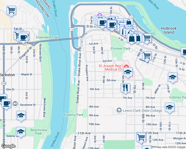 map of restaurants, bars, coffee shops, grocery stores, and more near 416 3rd Street in Lewiston
