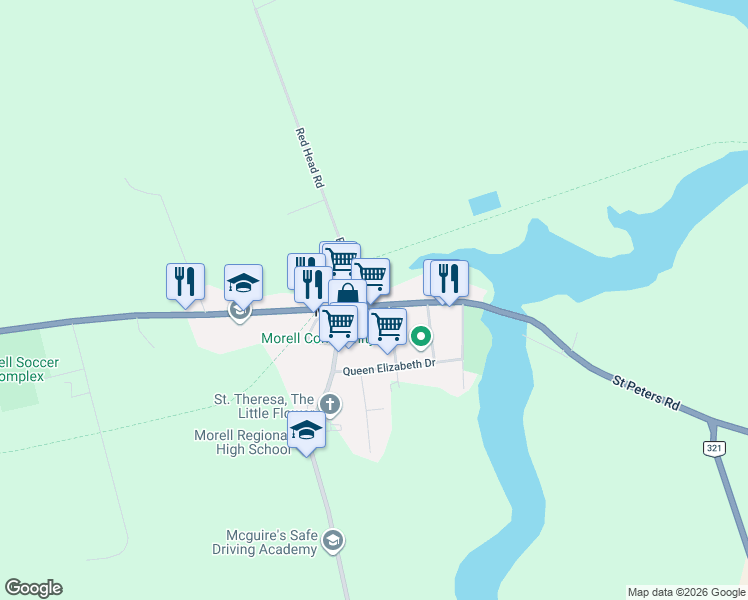 map of restaurants, bars, coffee shops, grocery stores, and more near 7675 Saint Peters Road in Morell