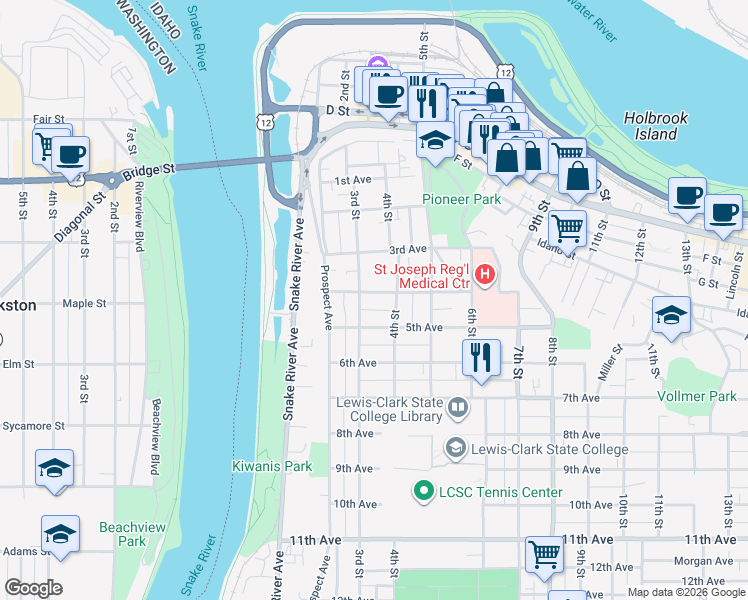 map of restaurants, bars, coffee shops, grocery stores, and more near 420 4th Street in Lewiston