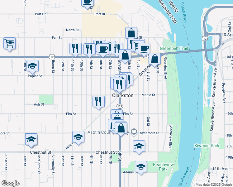 map of restaurants, bars, coffee shops, grocery stores, and more near 708 7th Street in Clarkston