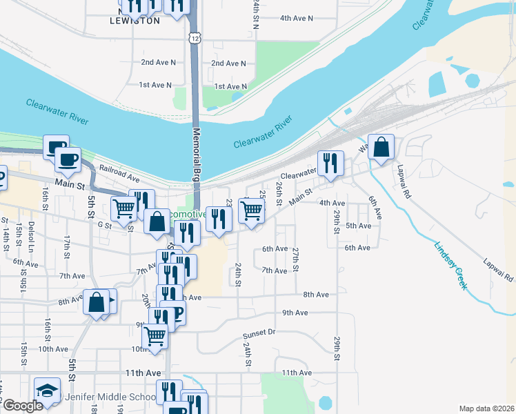 map of restaurants, bars, coffee shops, grocery stores, and more near 114 24th Street in Lewiston