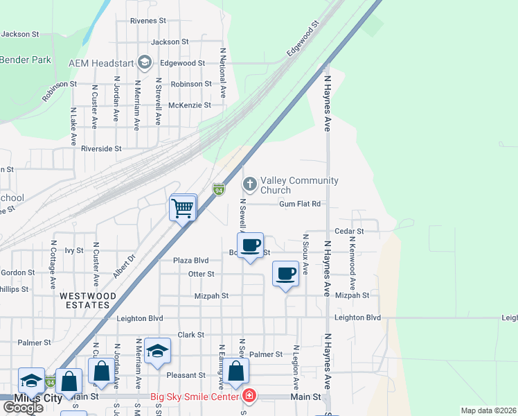 map of restaurants, bars, coffee shops, grocery stores, and more near 2606 Gum Flat Road in Miles City