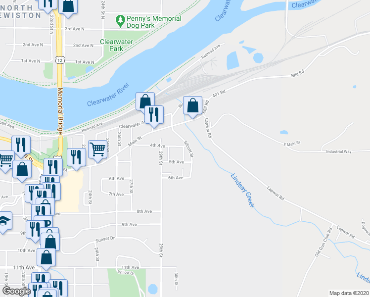 map of restaurants, bars, coffee shops, grocery stores, and more near 402 Silcott Street in Lewiston