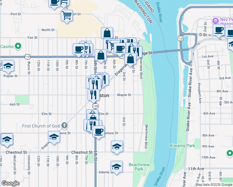 map of restaurants, bars, coffee shops, grocery stores, and more near 305 Maple Street in Clarkston