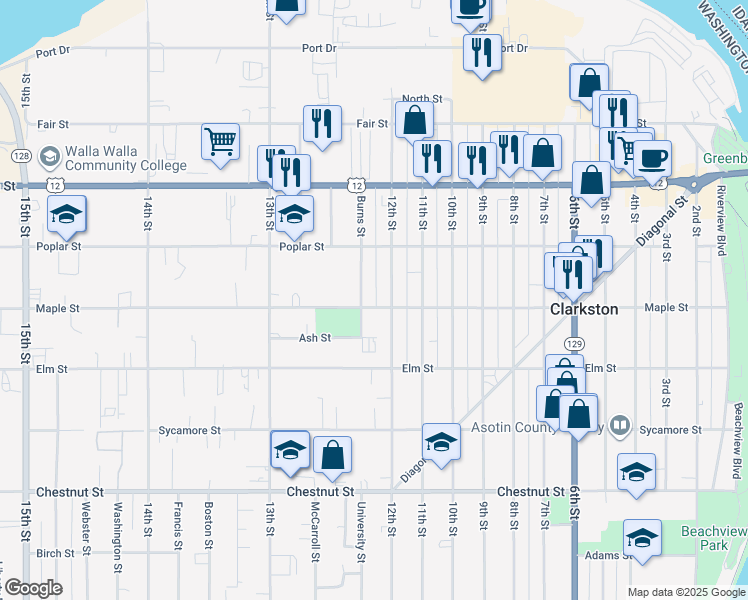 map of restaurants, bars, coffee shops, grocery stores, and more near 1214 Maple Street in Clarkston