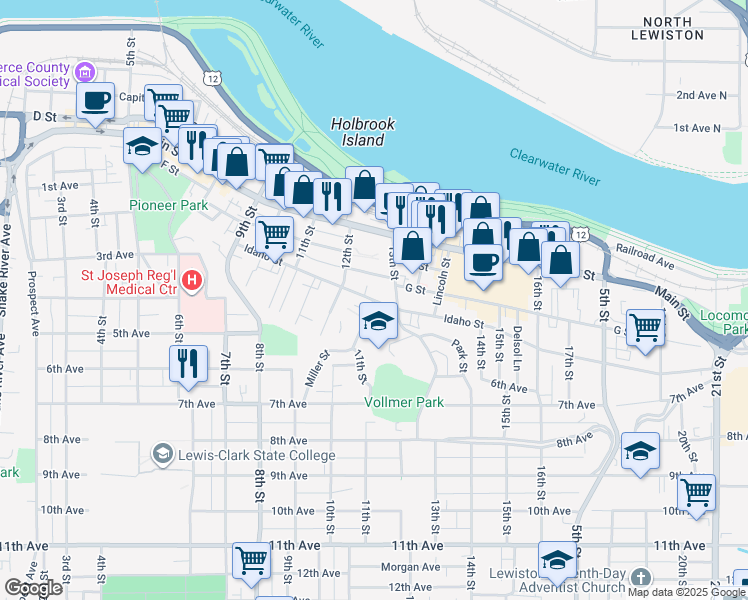 map of restaurants, bars, coffee shops, grocery stores, and more near 301 Miller Street in Lewiston