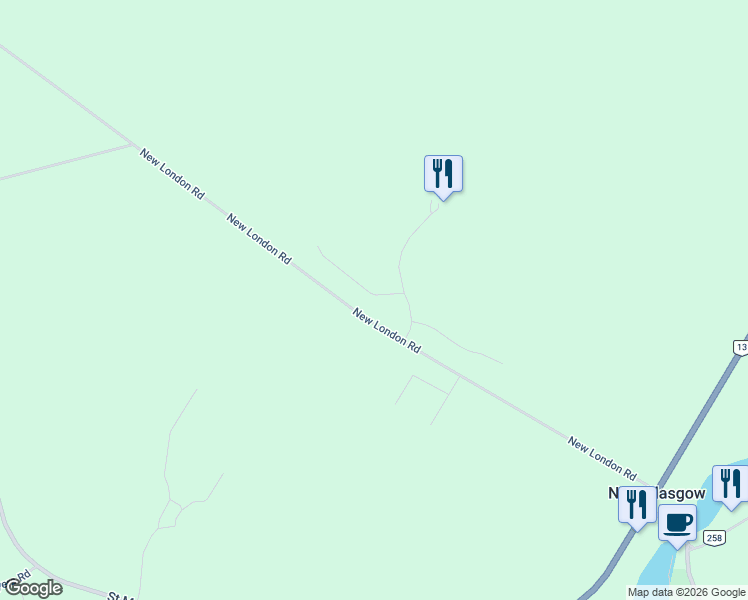 map of restaurants, bars, coffee shops, grocery stores, and more near 209 New London Road in New Glasgow