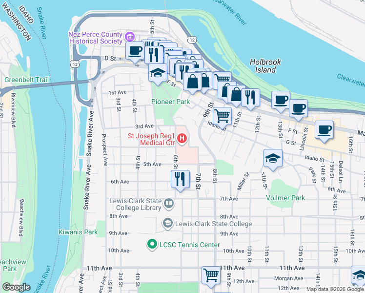 map of restaurants, bars, coffee shops, grocery stores, and more near 415 6th Street in Lewiston
