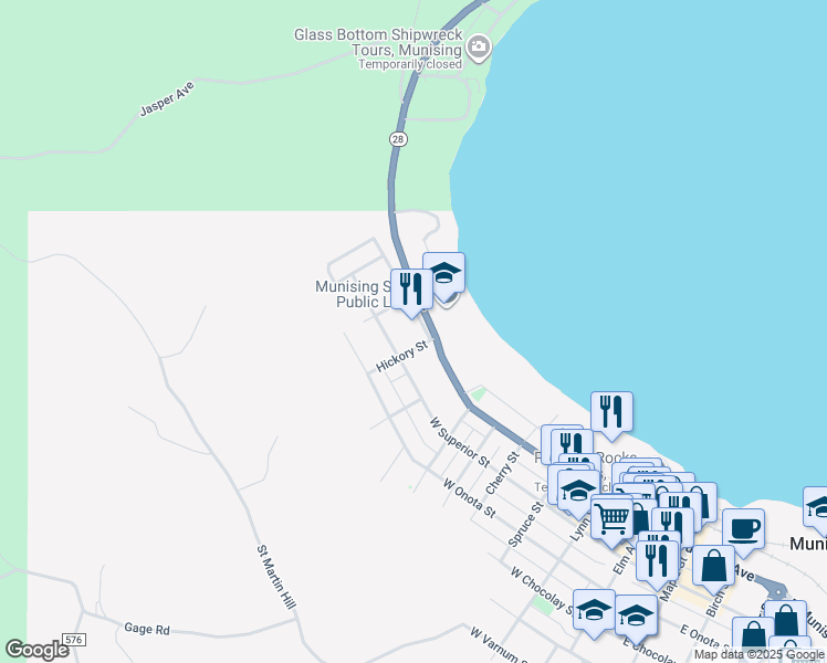 map of restaurants, bars, coffee shops, grocery stores, and more near 199 Hickory St in Munising
