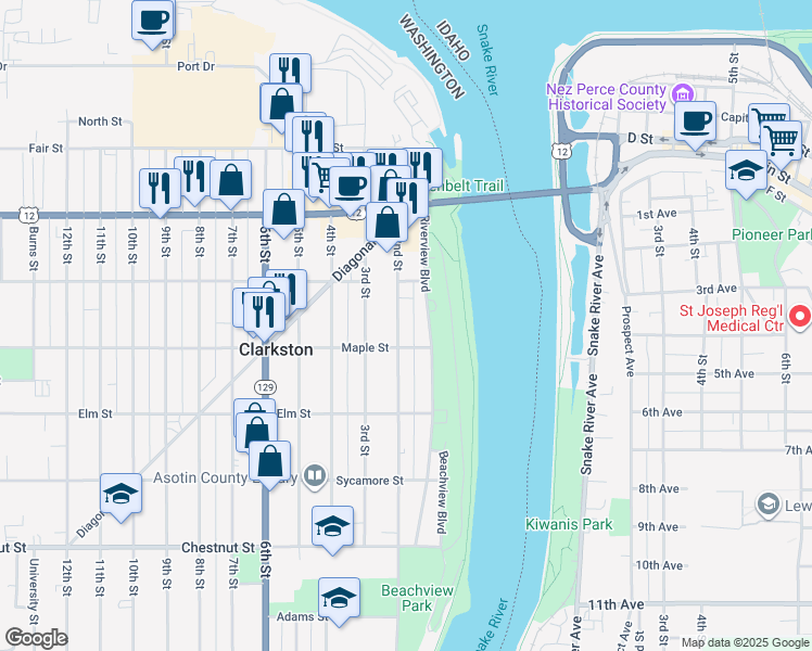 map of restaurants, bars, coffee shops, grocery stores, and more near 609 3rd Street in Clarkston