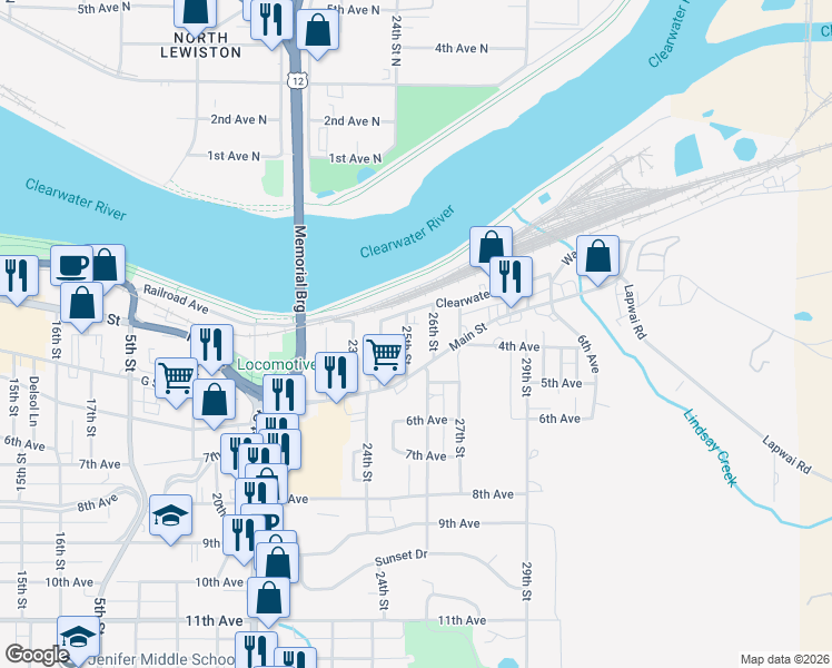 map of restaurants, bars, coffee shops, grocery stores, and more near 137 26th Street in Lewiston