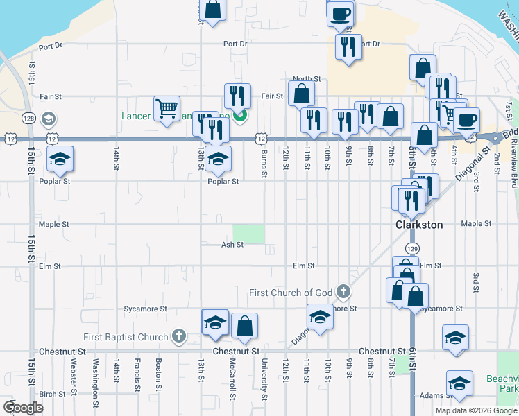 map of restaurants, bars, coffee shops, grocery stores, and more near 608 Burns Street in Clarkston