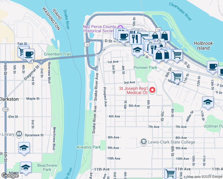 map of restaurants, bars, coffee shops, grocery stores, and more near 302 3rd Street in Lewiston