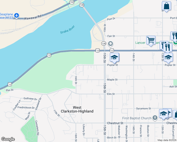 map of restaurants, bars, coffee shops, grocery stores, and more near 1567 Poplar Street in Clarkston