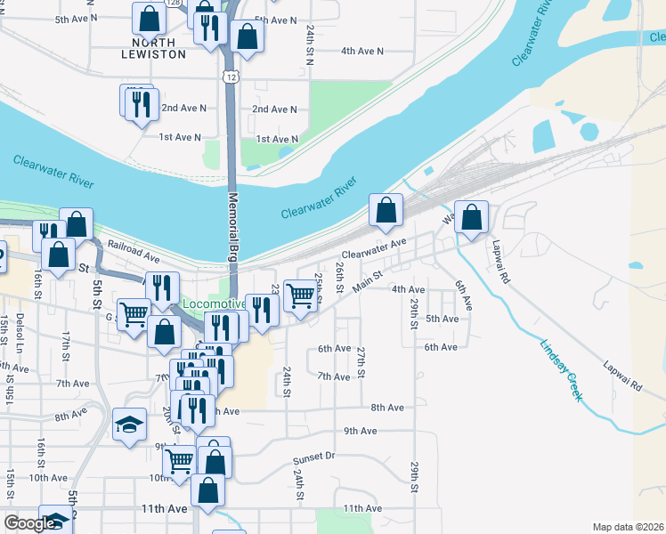 map of restaurants, bars, coffee shops, grocery stores, and more near 137 26th Street in Lewiston