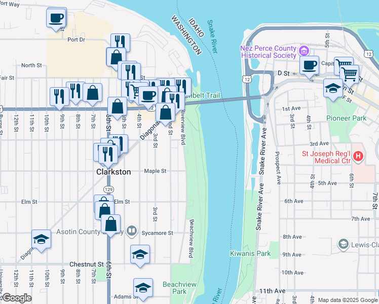 map of restaurants, bars, coffee shops, grocery stores, and more near 615 Riverview Boulevard in Clarkston