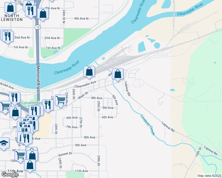 map of restaurants, bars, coffee shops, grocery stores, and more near 3008 Main Street in Lewiston