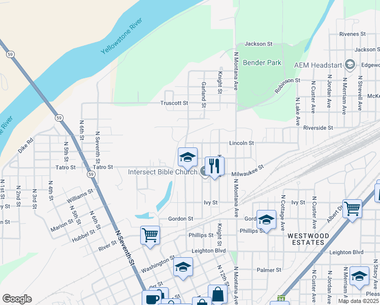 map of restaurants, bars, coffee shops, grocery stores, and more near 1108 Woodbury Street in Miles City