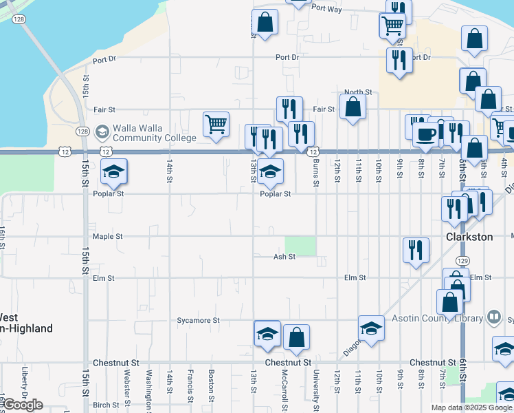 map of restaurants, bars, coffee shops, grocery stores, and more near 615 13th Street in Clarkston