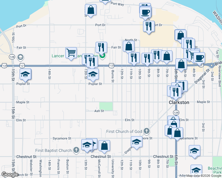 map of restaurants, bars, coffee shops, grocery stores, and more near 608 Burns Street in Clarkston