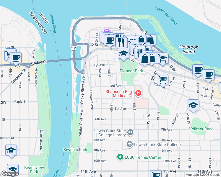 map of restaurants, bars, coffee shops, grocery stores, and more near 400 3rd Avenue in Lewiston