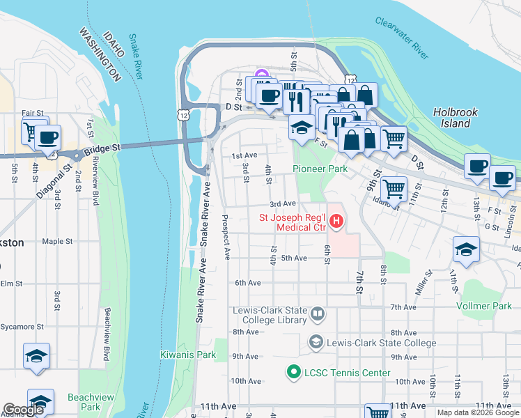 map of restaurants, bars, coffee shops, grocery stores, and more near 400 3rd Avenue in Lewiston