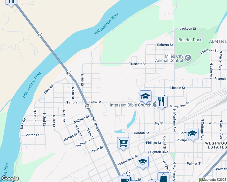 map of restaurants, bars, coffee shops, grocery stores, and more near 913 Tatro Street in Miles City