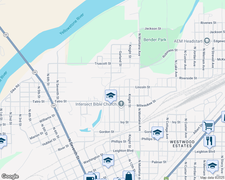 map of restaurants, bars, coffee shops, grocery stores, and more near 1108 Woodbury Street in Miles City