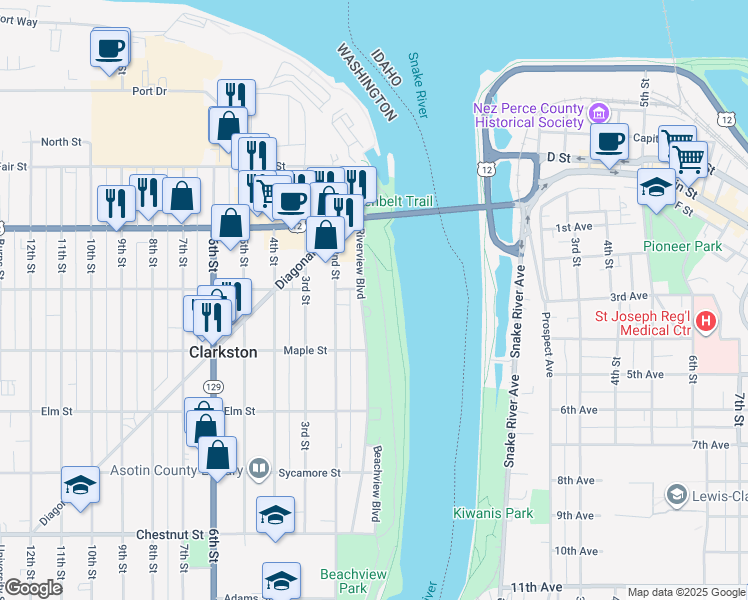 map of restaurants, bars, coffee shops, grocery stores, and more near 615 Riverview Boulevard in Clarkston