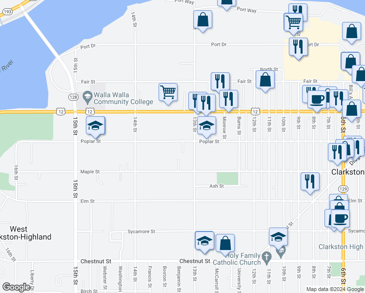 map of restaurants, bars, coffee shops, grocery stores, and more near 1323 Poplar Street in Clarkston