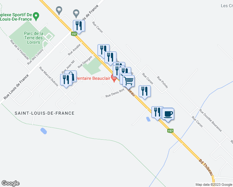 map of restaurants, bars, coffee shops, grocery stores, and more near 860 Rue Denis Roy in Trois-Rivières